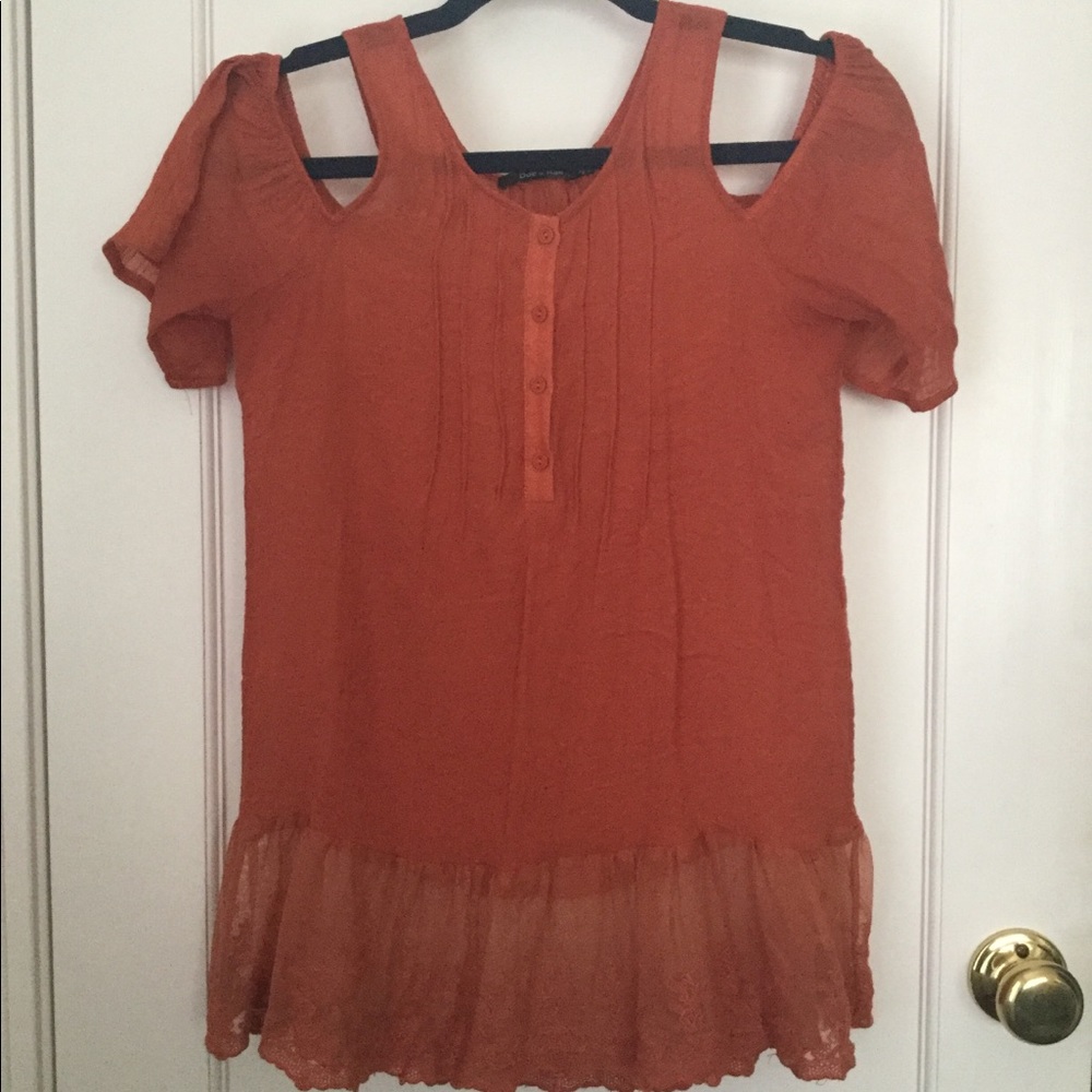 Burnt Orange Off-The-Shoulder Henley Blouse